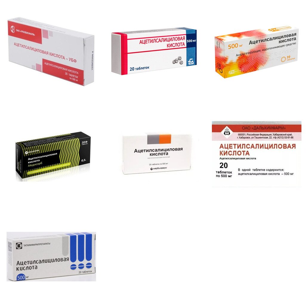 Ацетилсалициловая кислота таблетки 500 мг 20 шт. (любой производитель)