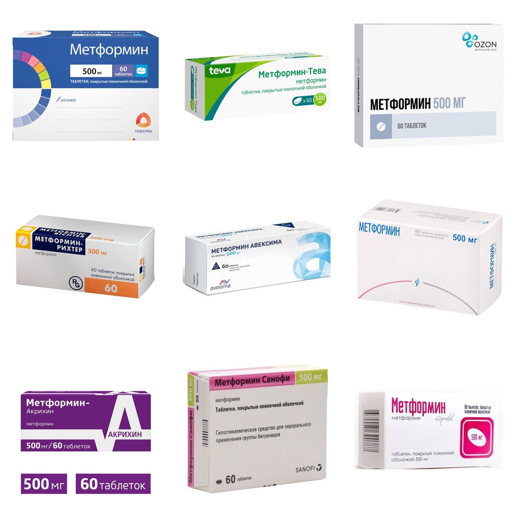 Метформин таблетки 500 мг 60 шт. (любой производитель)