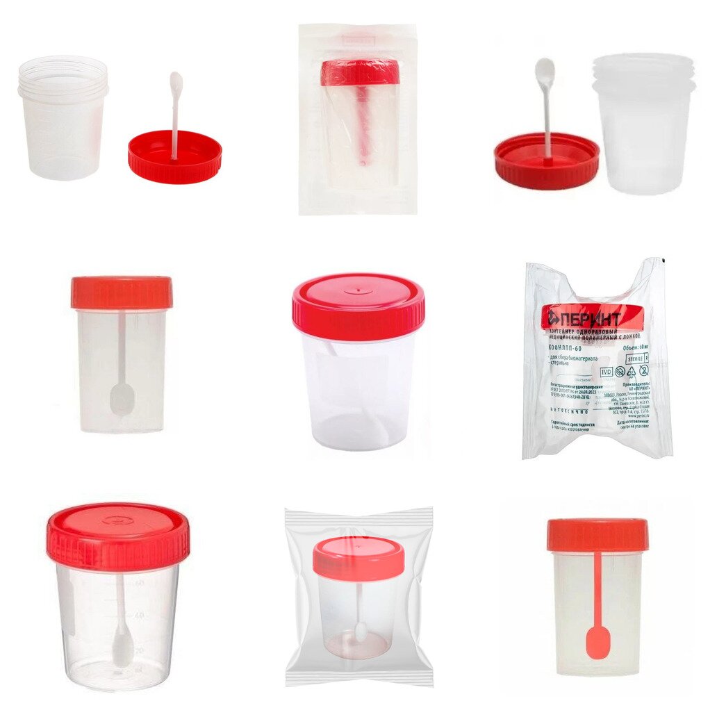 Контейнер для биоматериалов стерильный с ложкой 60 мл (любой производитель)