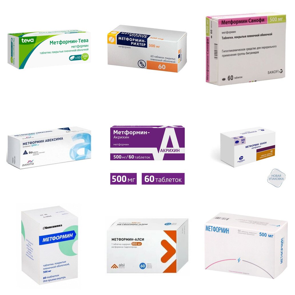 Метформин таблетки 500 мг 60 шт. (любой производитель)