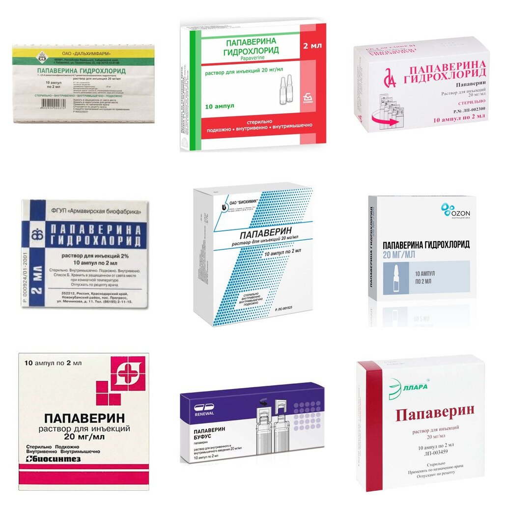 Папаверина гидрохлорид раствор для инъекций 20 мг/мл ампулы 2 мл 10 шт. (любой производитель)