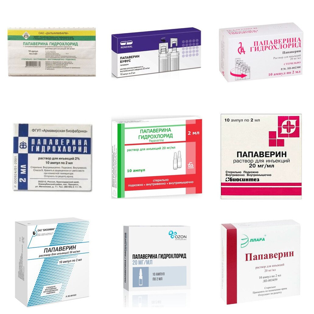 Папаверина гидрохлорид раствор для инъекций 20 мг/мл ампулы 2 мл 10 шт. (любой производитель)