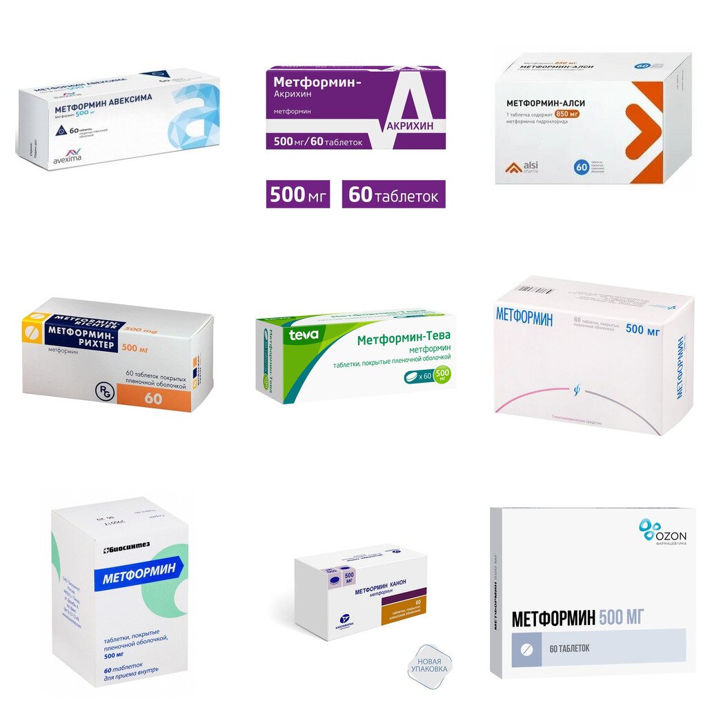 Метформин таблетки 500 мг 60 шт. (любой производитель)