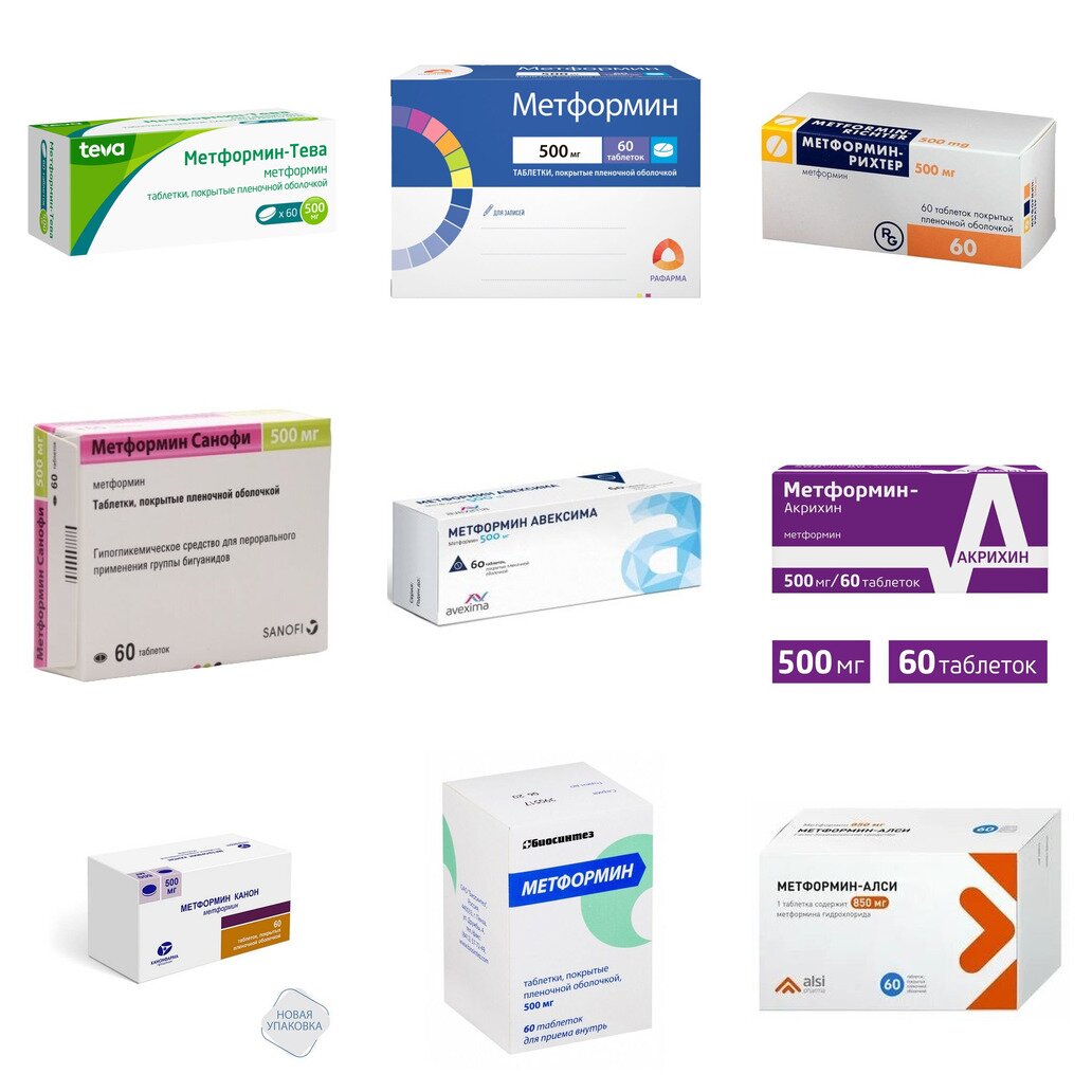 Метформин таблетки 500 мг 60 шт. (любой производитель)
