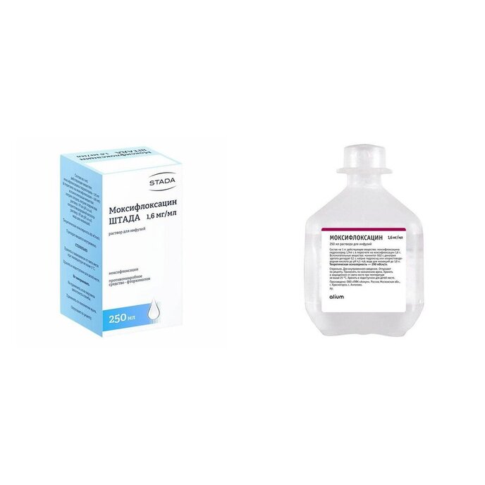 Моксифлоксацин раствор для инфузий 1,6 мг/мл 250 мл флакон 4 шт. (любой производитель)