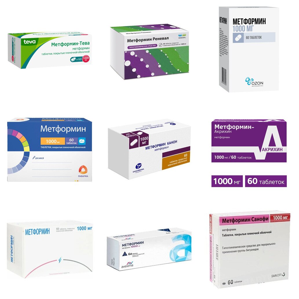 Метформин таблетки 1000 мг 60 шт. (любой производитель)