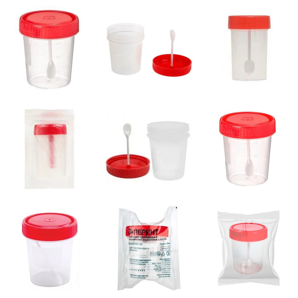 Контейнер для биоматериалов стерильный с ложкой 60 мл (любой производитель)