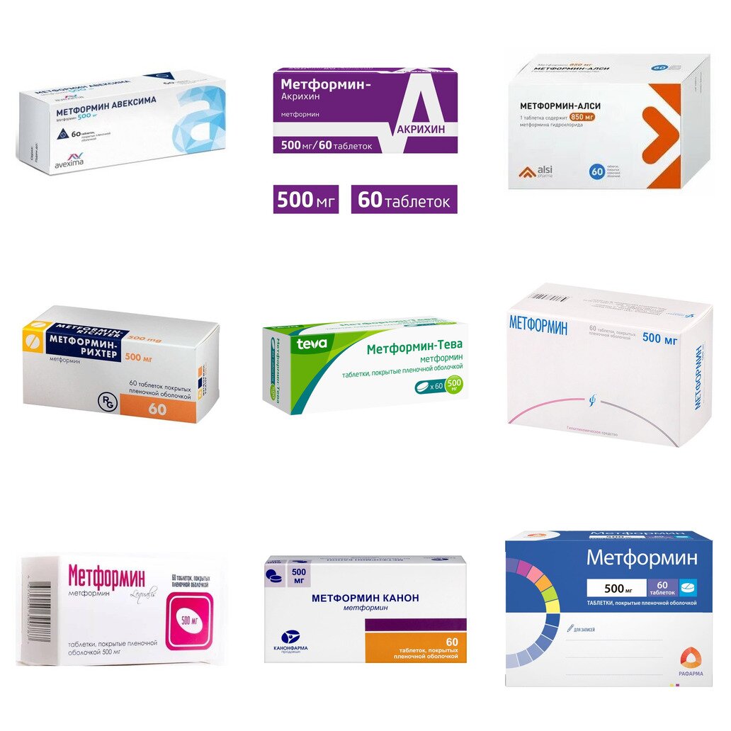 Метформин таблетки 500 мг 60 шт. (любой производитель)