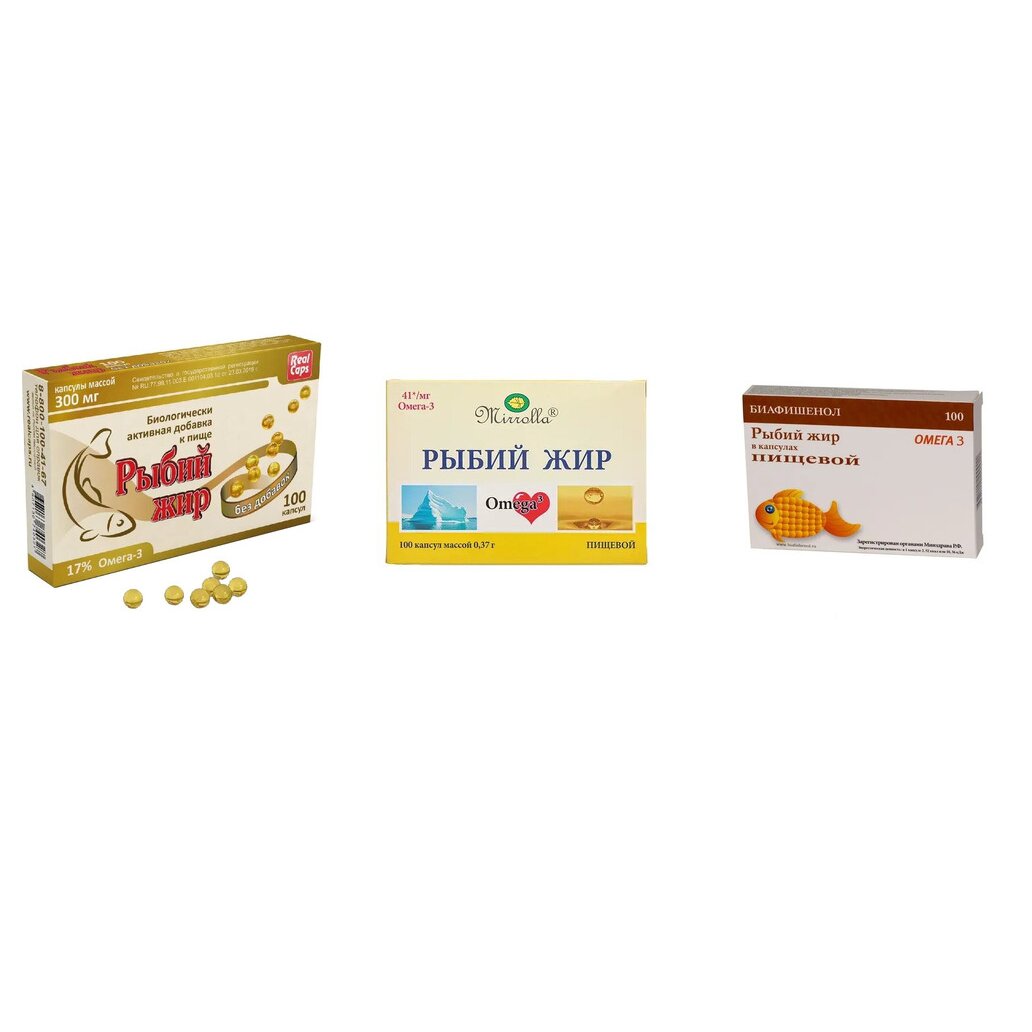 Рыбий жир пищевой капсулы 100 шт. (любой производитель)