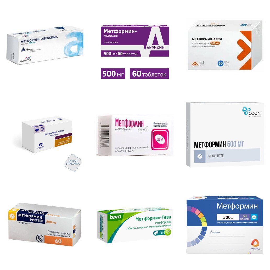 Метформин таблетки 500 мг 60 шт. (любой производитель)