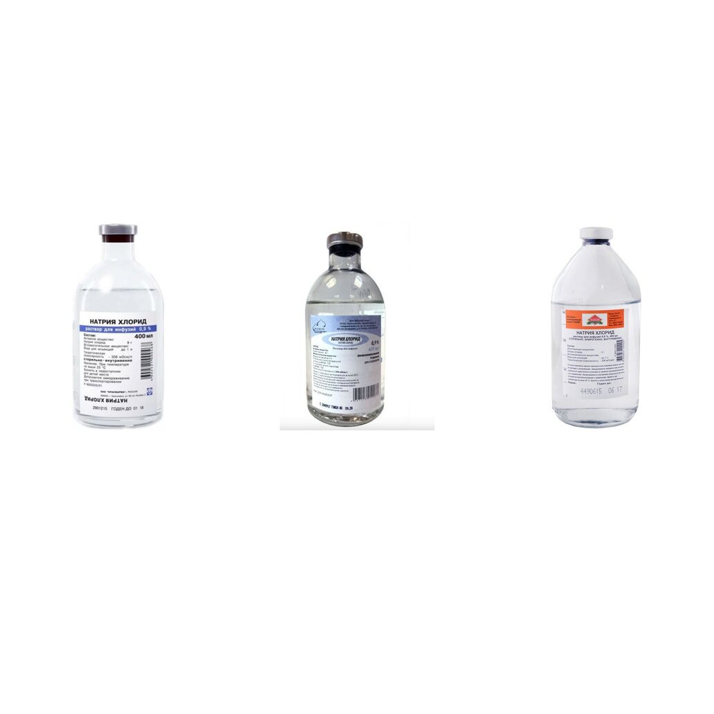 Натрия хлорид раствор для инфузий 0,9% 400 мл стеклянный (любой производитель)