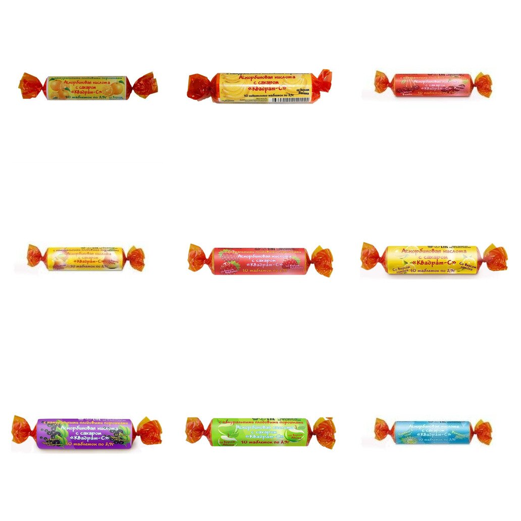 Аскорбиновая кислота с сахаром Квадрат-С таблетки жевательные 10 шт. (любой вкус)