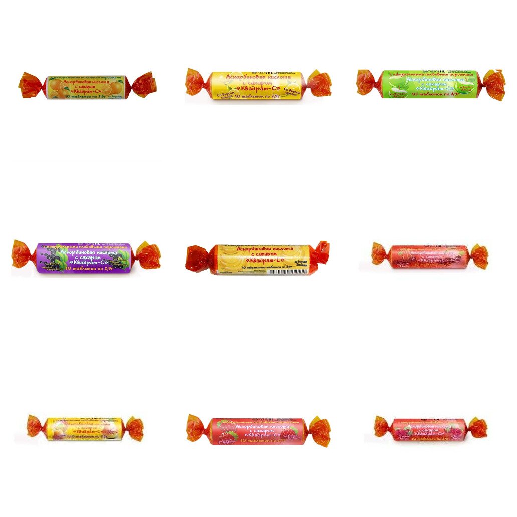 Аскорбиновая кислота с сахаром Квадрат-С таблетки жевательные 10 шт. (любой вкус)