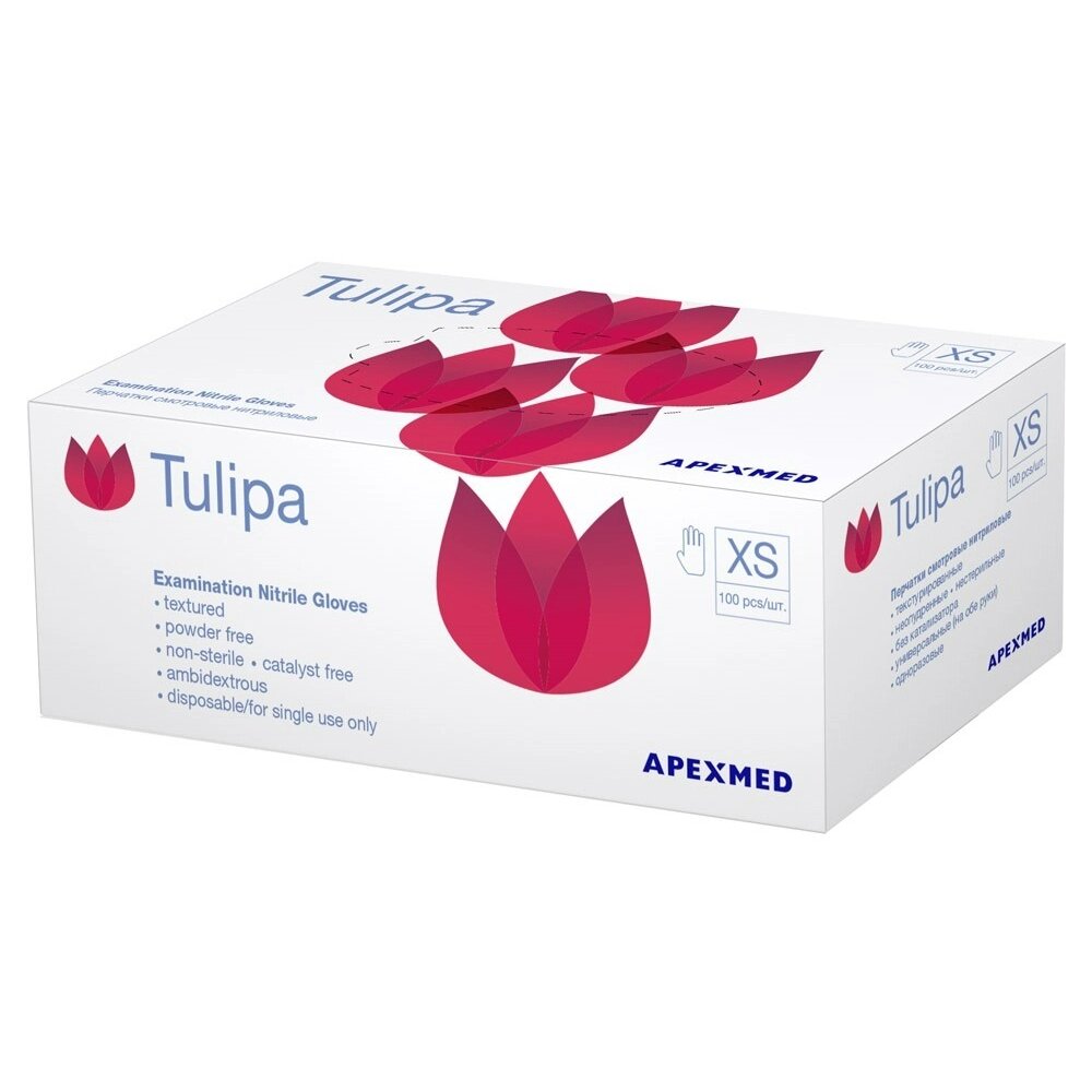 Apexmed перчатки смотровые н/стер. нитриловые неопудренные текстурированные размер xs tulipa 100 шт.
