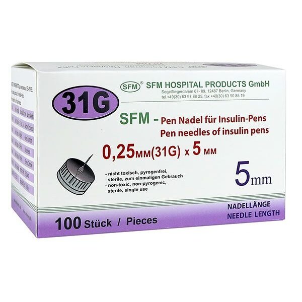 Игла SFM для инсулиновых инжекторов ПЕН ручек 0,25х5 мм 31G 100 шт.