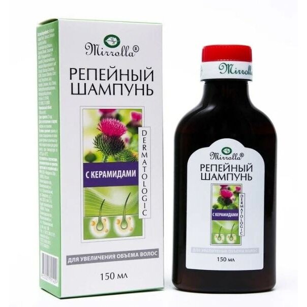 Шампунь для волос Репейный Mirrolla с керамидами для увеличения объема волос 150 мл