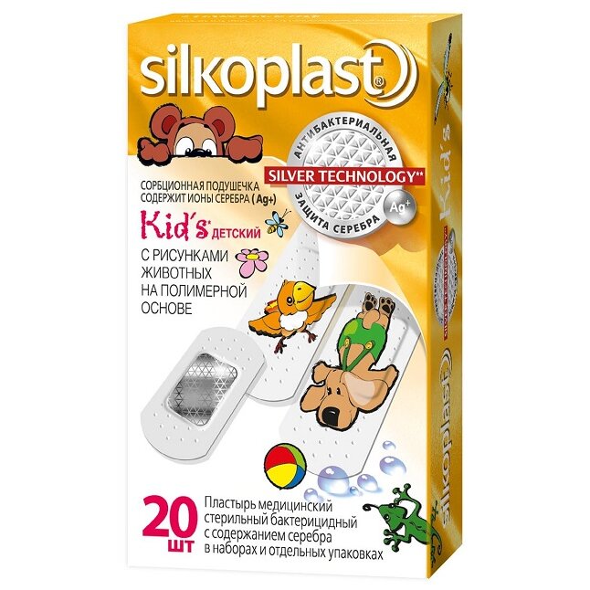 Пластырь Silkoplast Kids с рисунками животных бактерицидный стерильный на полимерной основе 20 шт.