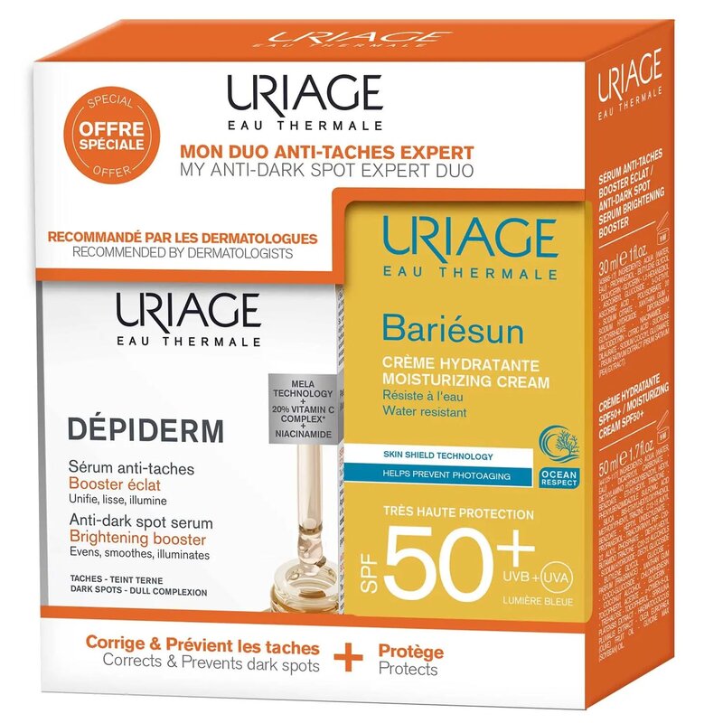 Набор Uriage Depiderm: Сыворотка-бустер от пигментных пятен 30 мл + Крем солнцезащитный увлажняющий Bariesun SPF50+ 50 мл