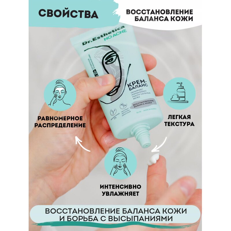 Крем-баланс Dr. Esthetica no acne для кожи, склонной к акне для взрослых 25+ туба 50 мл