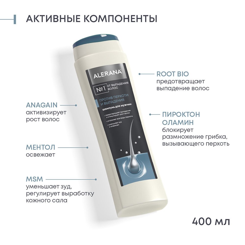 Шампунь для волос Алерана против перхоти и выпадения для мужчин 400 мл