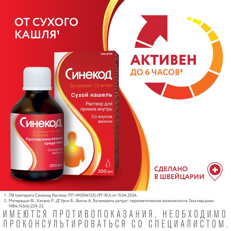 Синекод раствор для приема внутрь (сироп) 1,5 мг/мл 200 мл
