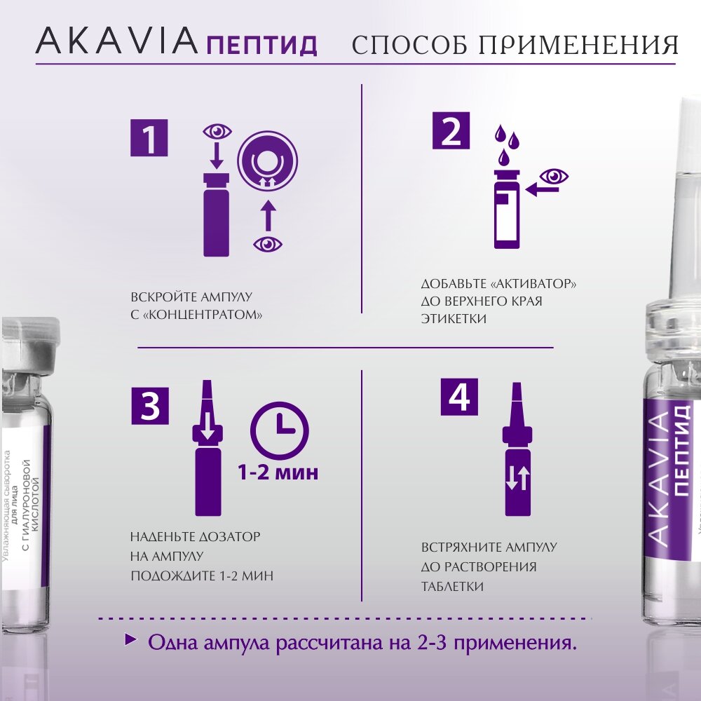 Сыворотка для лица Akavia peptide увлажняющая с гиалуроновой кислотой 12 ампул по 125 мг + активатор 1 флакон 50 мл