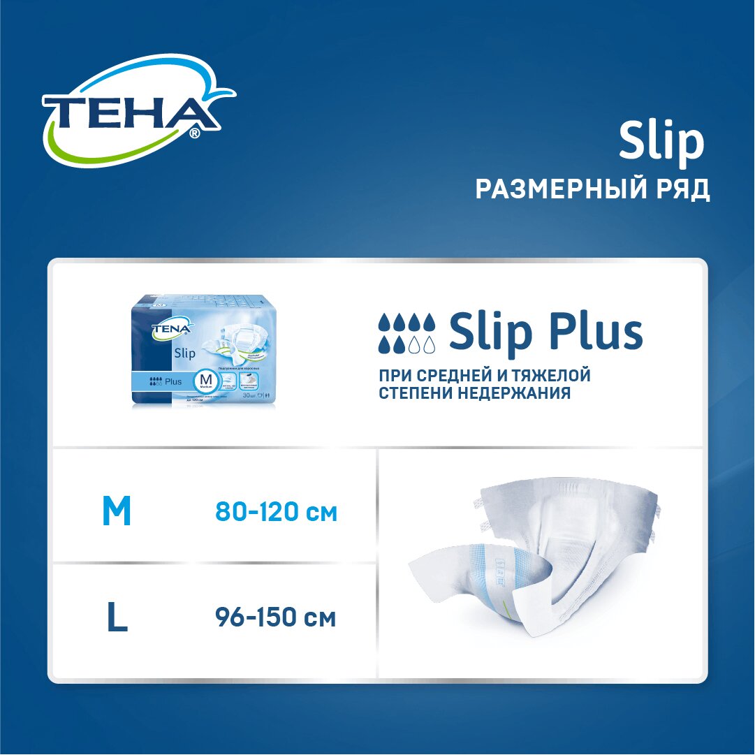 Подгузники дышащие Тена (TENA) Slip Plus M (талия/бедра 80-122 см) 30 шт.