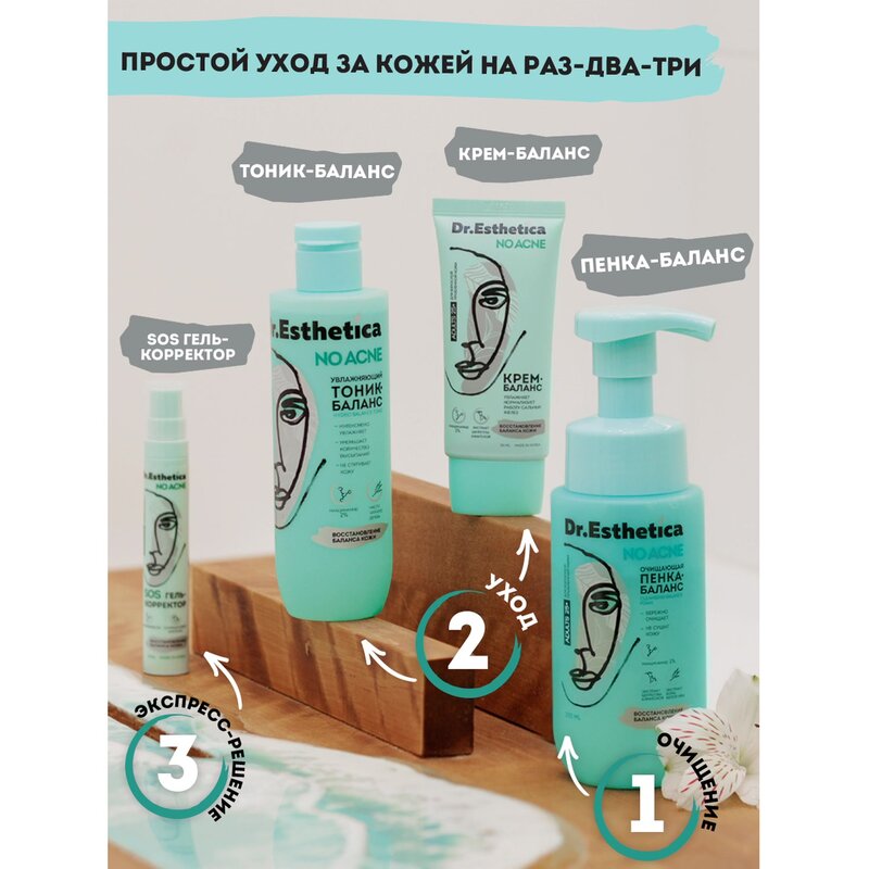 Пенка-баланс Dr. Esthetica no acne для взрослых очищающая для жирной кожи, склонной к акне 200 мл