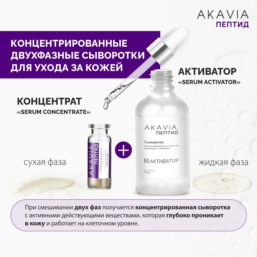 Сыворотка для лица Akavia peptide увлажняющая с гиалуроновой кислотой 12 ампул по 125 мг + активатор 1 флакон 50 мл