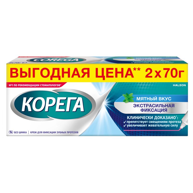 Крем для фиксации зубных протезов Корега экстра сильный мятный вкус 70 г 2 шт.