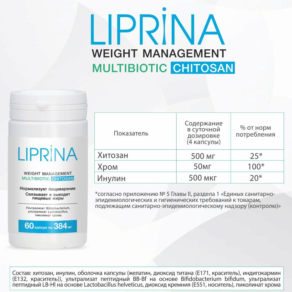 Липрина Управление весом Мультибиотик Хитозан 384 мг 60 шт.