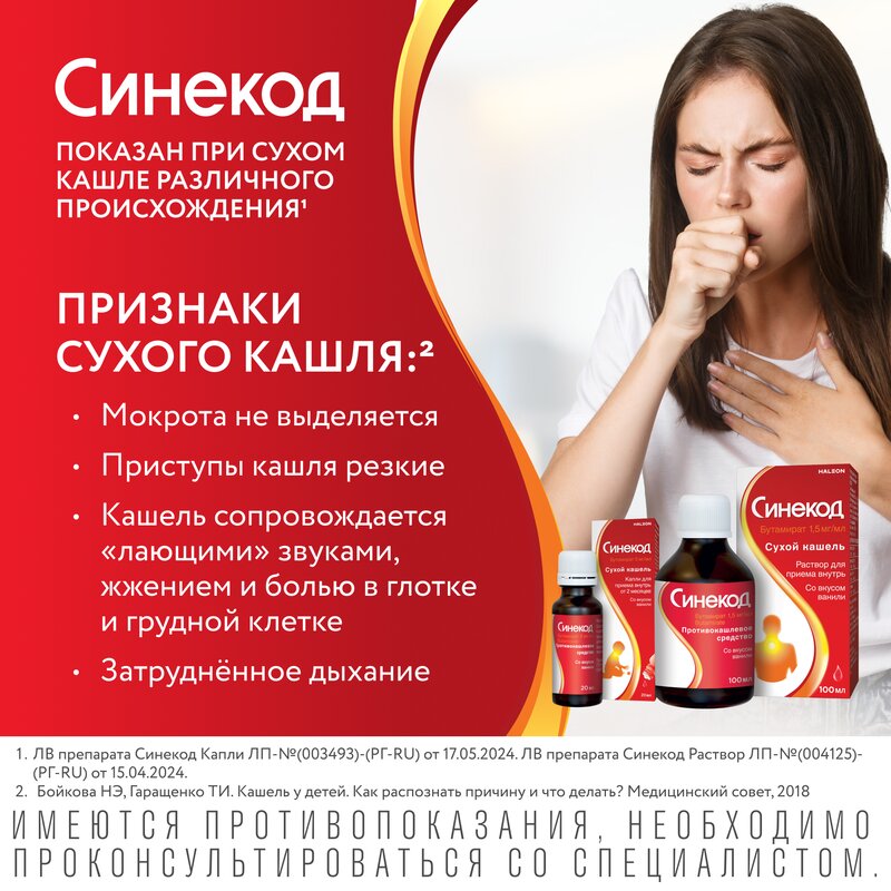Синекод раствор для приема внутрь (сироп) 1,5 мг/мл 200 мл
