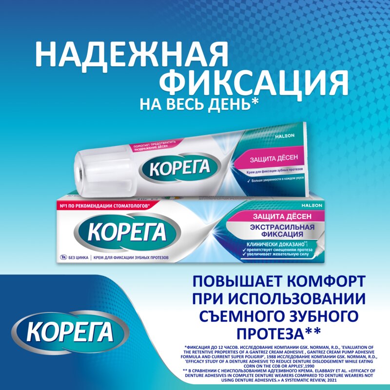 Крем для фиксации зубных протезов Корега Защита десен 40 г