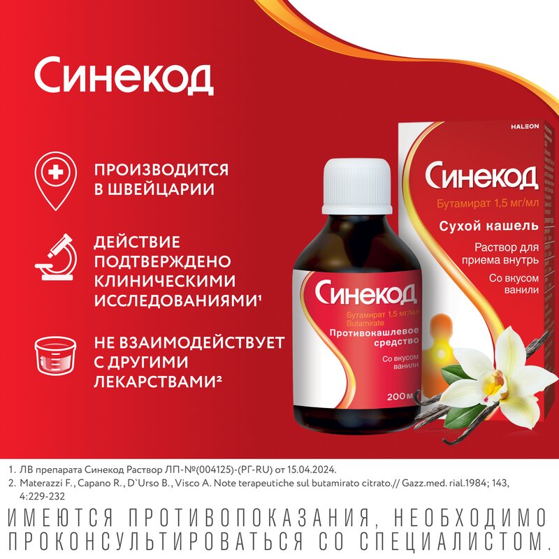 Синекод раствор для приема внутрь (сироп) 1,5 мг/мл 200 мл
