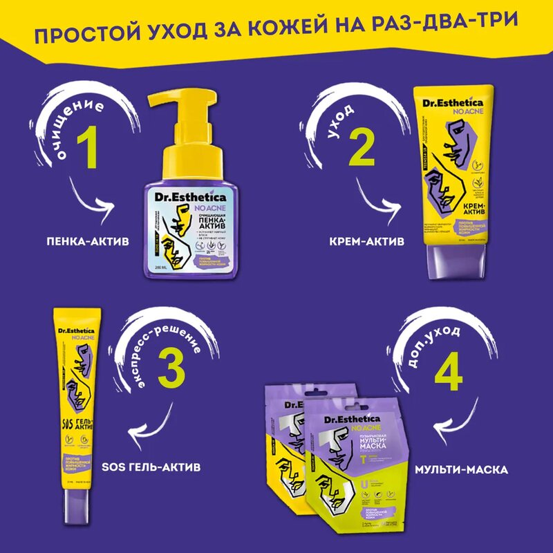 Маска-мульти пузырьковая Dr. Esthetica no acne для жирной кожи с 14 до 18 лет Yellow&Violet саше