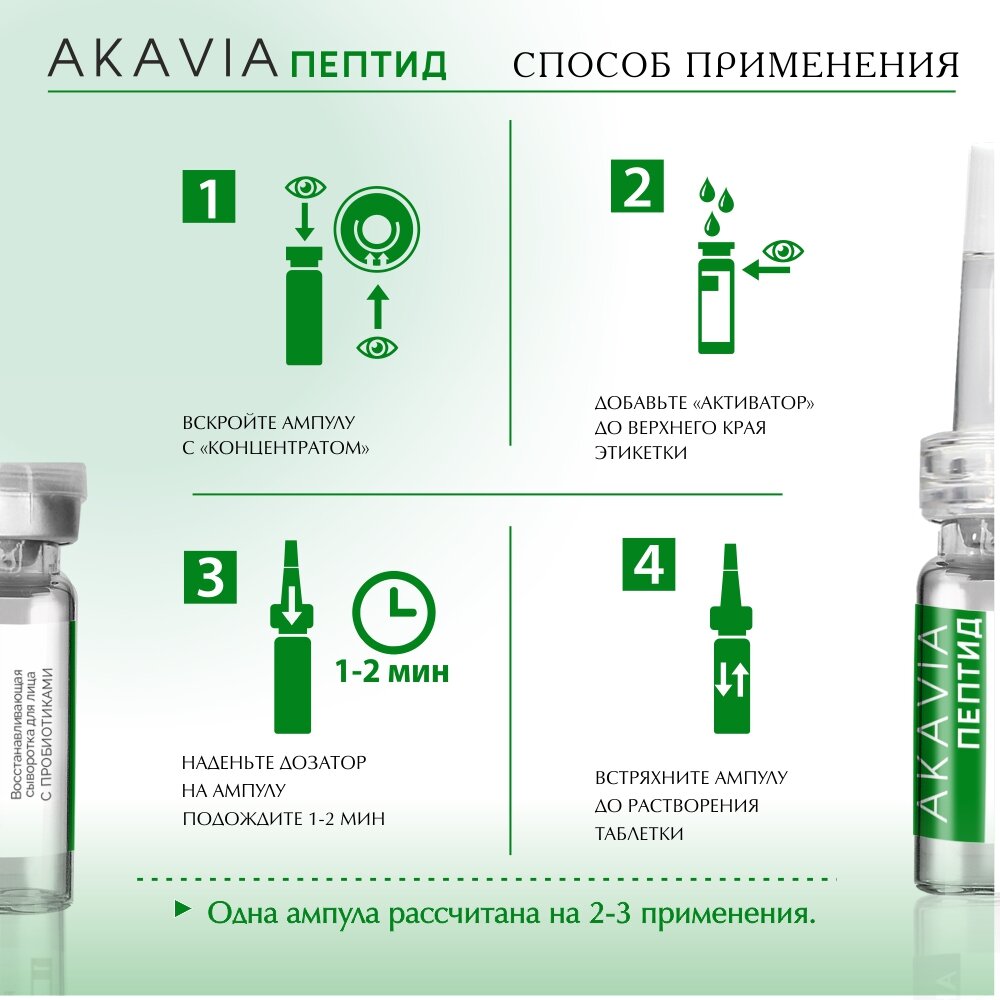 Сыворотка для лица Akavia peptide восстанавливающая с пробиотиками 12 ампул по 185 мг + активатор 1 флакон 50 мл