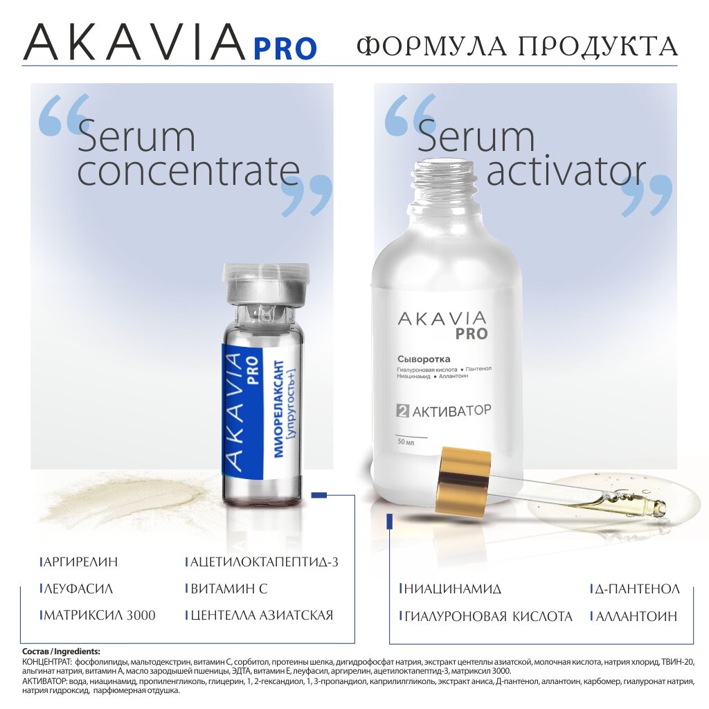 Сыворотка для лица и области вокруг глаз Akavia Pro разглаживающая 12 ампул по 135 мг+активатор 50 мл
