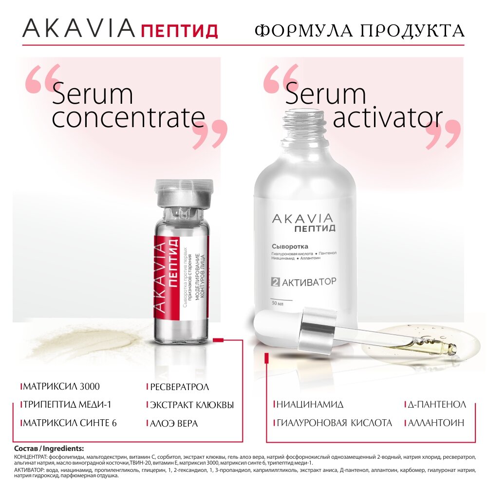 Сыворотка для лица Akavia peptide против первых признаков старения 12 ампул по 134 мг + активатор 1 флакон 50 мл