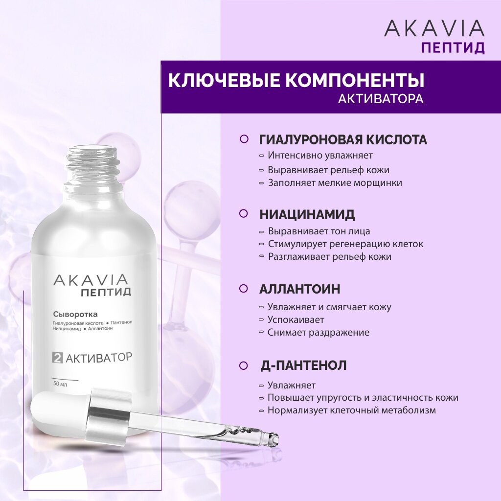 Сыворотка для лица Akavia peptide увлажняющая с гиалуроновой кислотой 12 ампул по 125 мг + активатор 1 флакон 50 мл