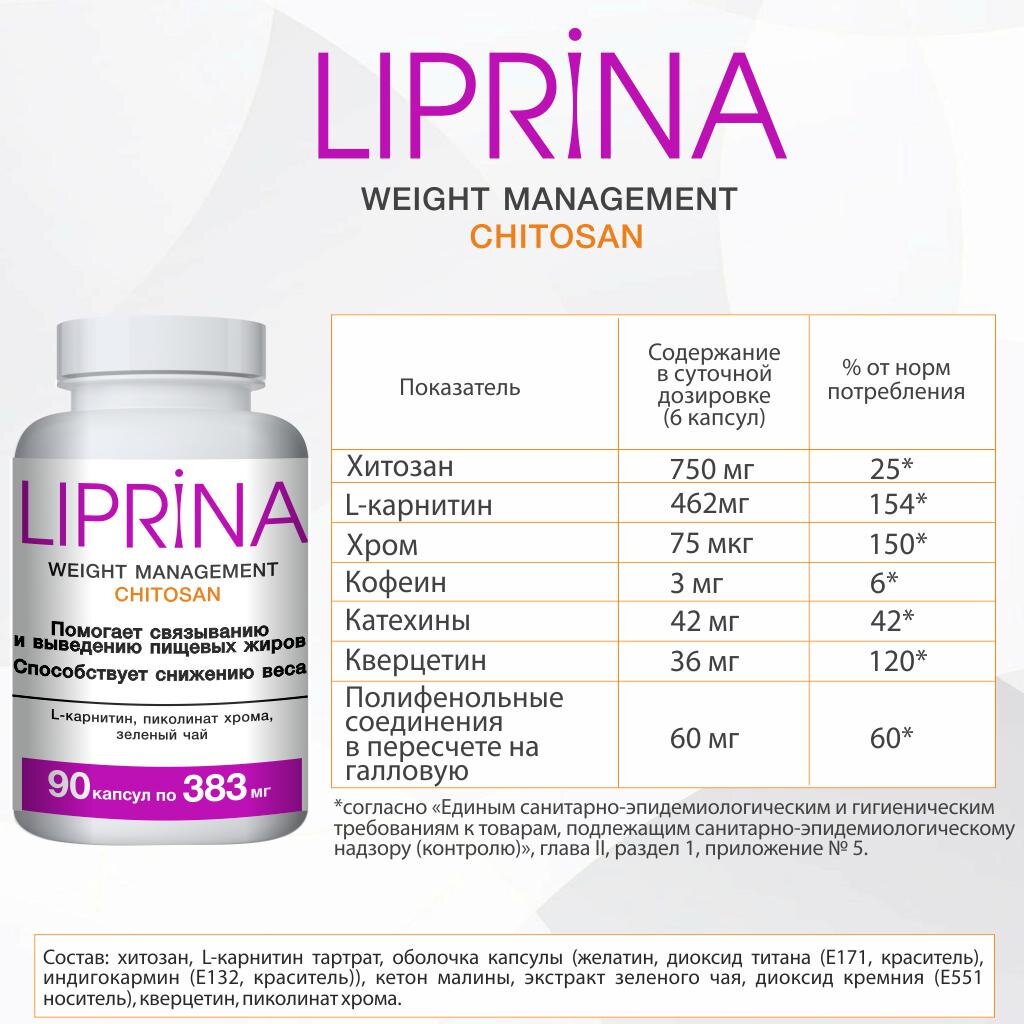 Липрина Управление весом Хитозан капсулы 383 мг 90 шт.