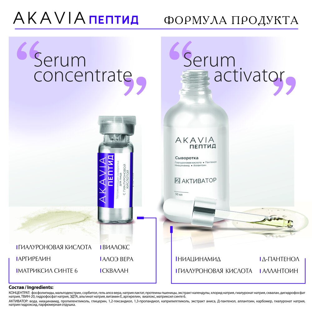 Сыворотка для лица Akavia peptide увлажняющая с гиалуроновой кислотой 12 ампул по 125 мг + активатор 1 флакон 50 мл