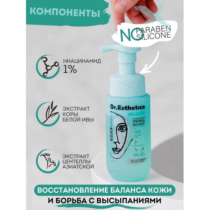 Пенка-баланс Dr. Esthetica no acne для взрослых очищающая для жирной кожи, склонной к акне 200 мл