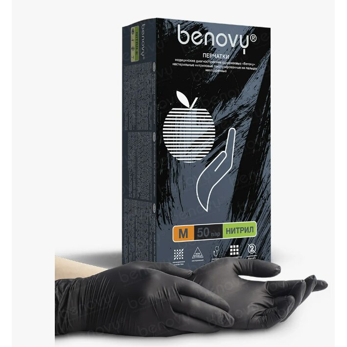 Перчатки Benovy смотр/нитрил/нестерил/неопуд текстур на пальцах с однокр хлоринацией черн M x50