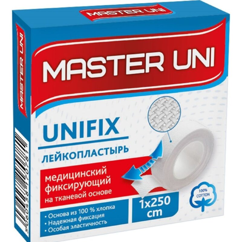 Мастер Юни unifix лейкопластырь гипоаллергенный на тканевой основе 1 х 250 см рулон