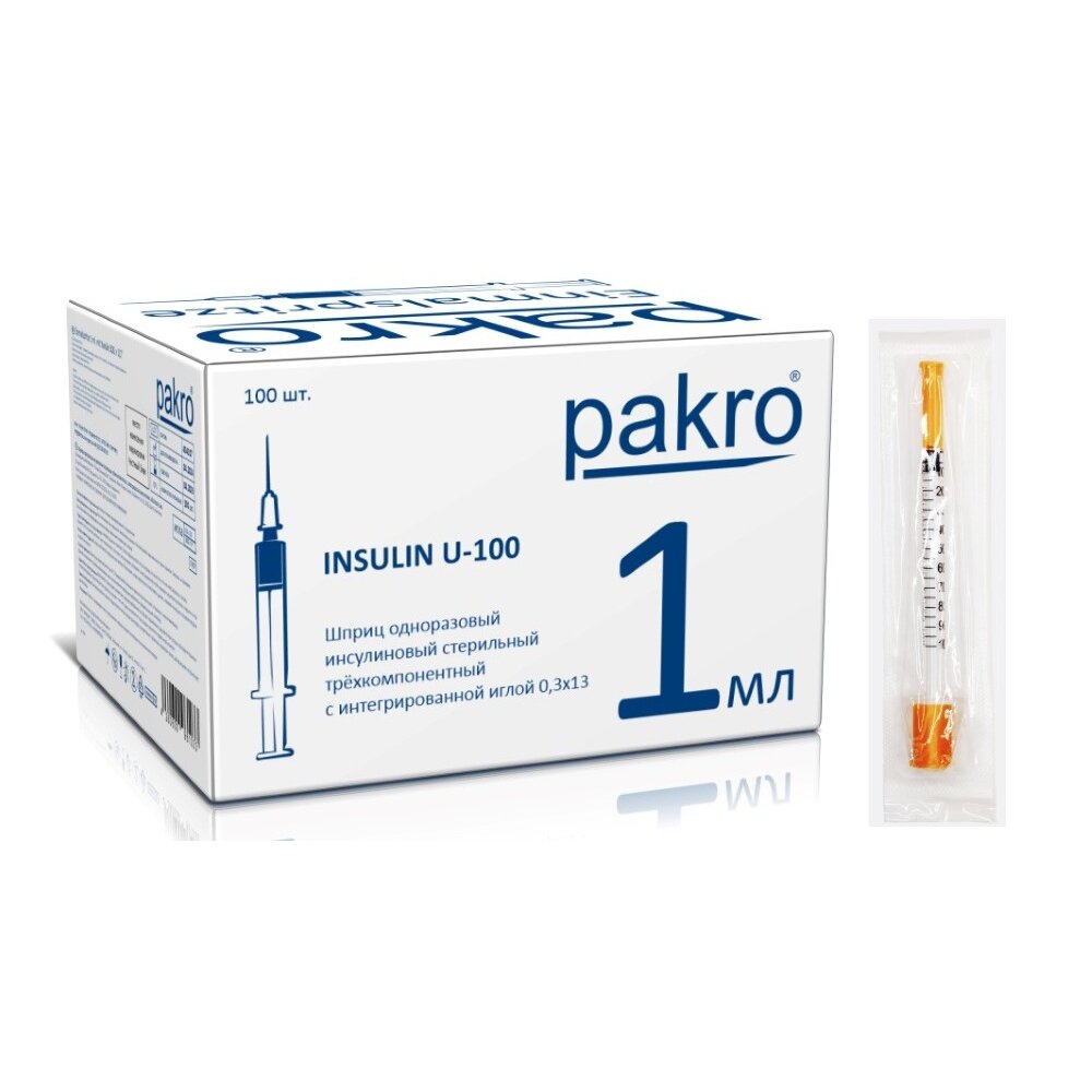 Шприц инсулиновый 3-х компонентный Pakro u-100 с иглой 0,3х13 мм 1 мл 100 шт.