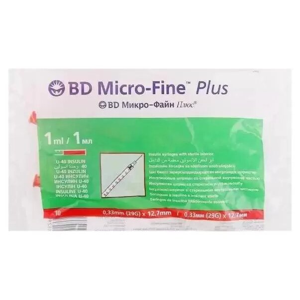 Шприц BD micro-fine+ инсулиновый 1 мл U-40 0,33x12,7 мм 29G 10 шт.