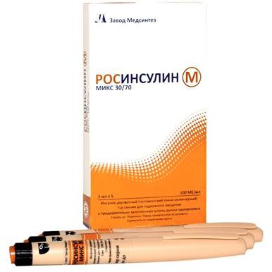 Росинсулин М микс 30/70 суспензия для подкожного введения 100 МЕ/мл 3 мл картриджи в шприц-ручках 5 шт.