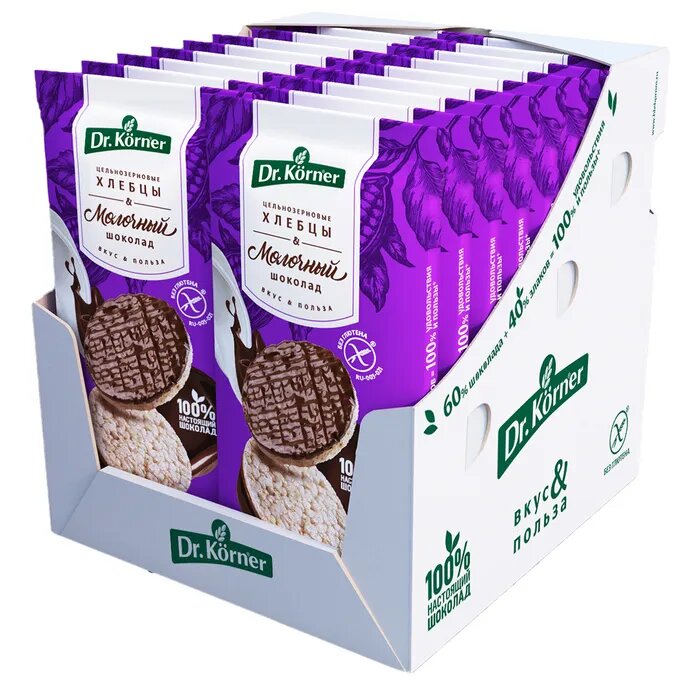 Dr.korner хлебцы хрустящие рисовые 67г 18 шт. с молочным шоколадом