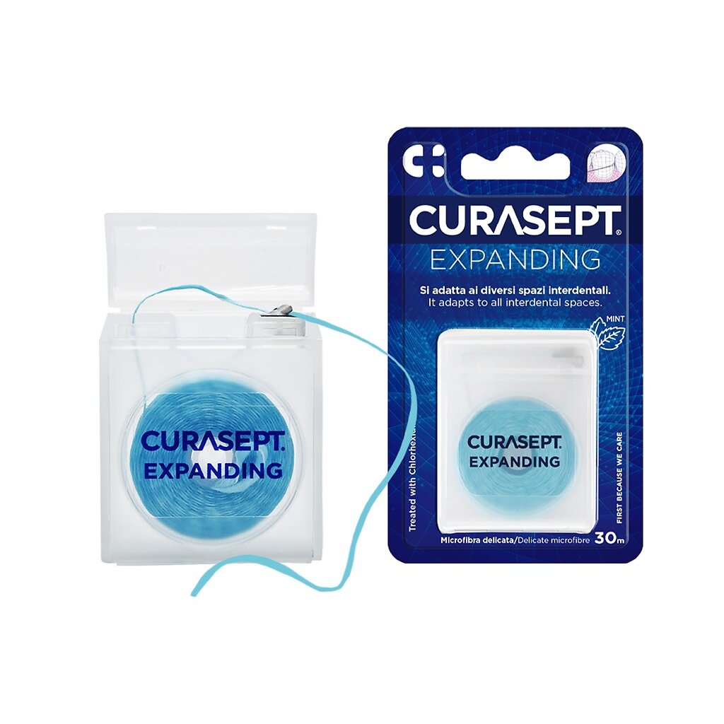Зубная нить Курасепт (Curasept) Microfibra Expanding расширяющаяся вощеная CHX 0,2% со вкусом мяты 30 м