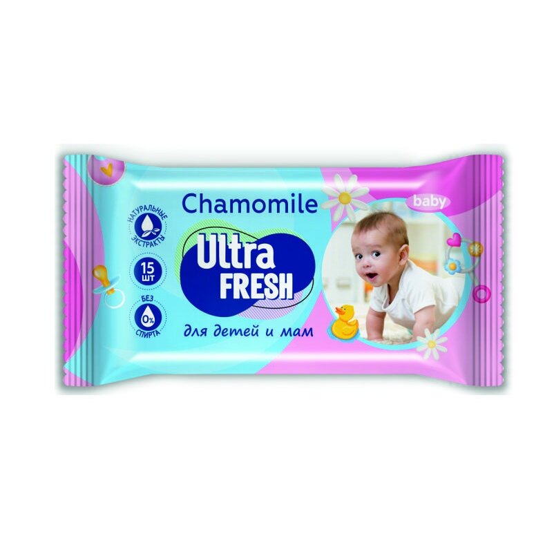 Салфетки влажные Ultra Fresh с Ромашкой для детей и мам 15 шт.